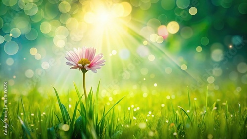 A single pink flower blooms brightly in a lush green meadow bathed in the warm glow of morning sunlight.