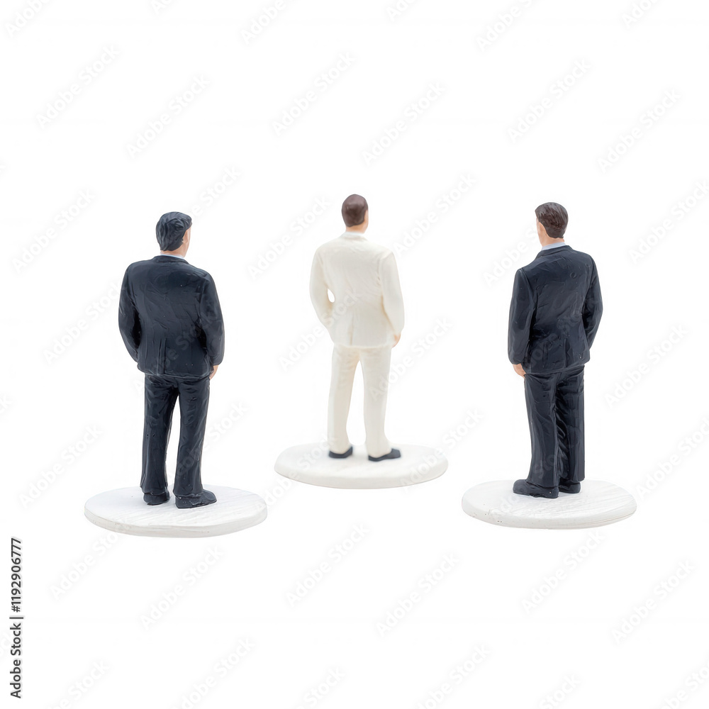 Three miniature figures in suits represent teamwork and professional relationships., isolated on a transparent background. Three miniature figures in suits represent teamwork and professional relationships., isolated on a transparent background.