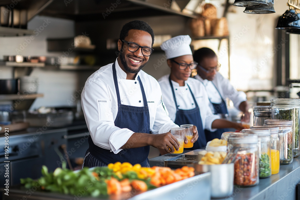 A smiling Black male chef in a white jacket and black gloves prepares a vibrant orange cocktail in a modern kitchen. Jars of colorful ingredients are nearby. A smiling Black male chef in a white jacket and black gloves prepares a vibrant orange cocktail in a modern kitchen. Jars of colorful ingredients are nearby.