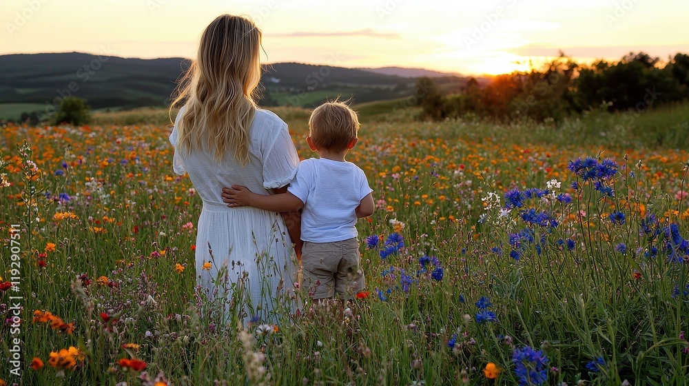 Mother and Child in Wildflower Field at Sunset Mother and Child in Wildflower Field at Sunset