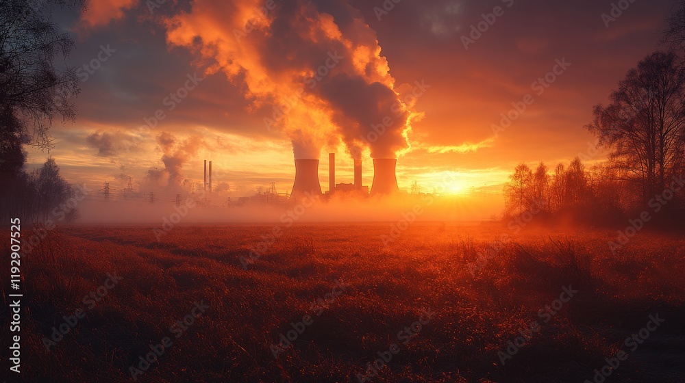 Majestic Sunrise Over Industrial Landscape with Smokestacks and Billowing Clouds Illuminated by Warm Hues of Orange, Yellow, and Red in Early Morning Fog Majestic Sunrise Over Industrial Landscape with Smokestacks and Billowing Clouds Illuminated by Warm Hues of Orange, Yellow, and Red in Early Morning Fog