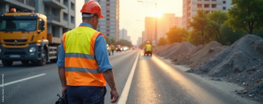 custom made wallpaper toronto digitalSafety uniform worn by civil engineer amidst construction site inspection and survey with Asphalt paver , workplace inspection, safety uniform, construction engineer
