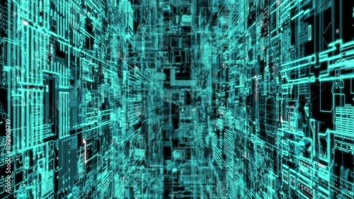 A high-tech, digital crafted abstract motion grid set in a cyber environment, highlighting big data visualization and AI simulations, ideal for use as a dynamic digital background in motion graphic.