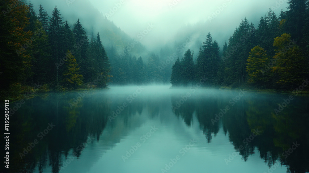 Obraz premium A lake surrounded by a forest blanketed in fog, creating a mysterious atmosphere