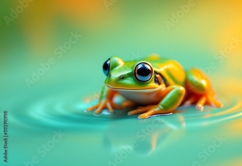 Green Tree Frog on Calm Water Surface photo