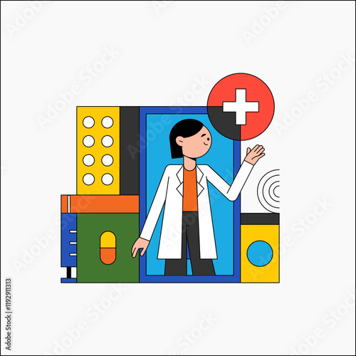 Female doctor with medical supplies in flat vector illustration symbolizing healthcare, treatment, and professional service, isolated on white background.