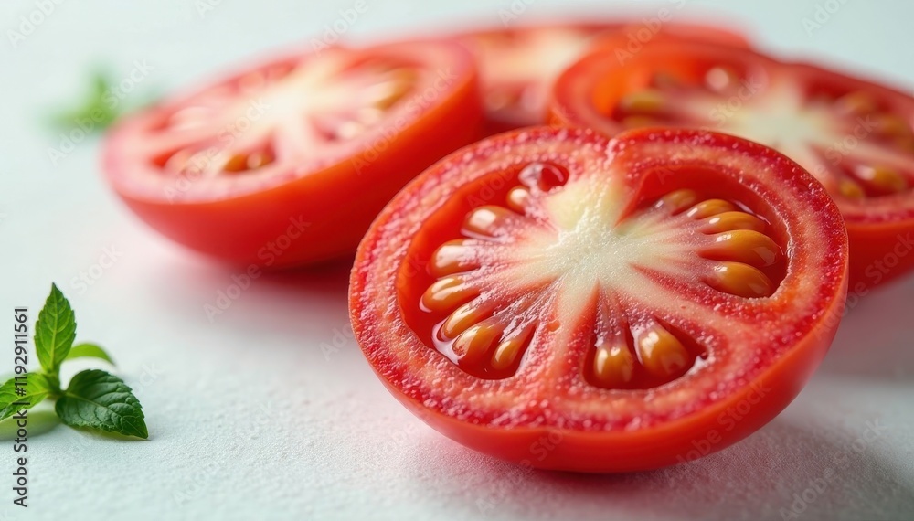 Close-up of cut red tomato slice on white surface , food, red Close-up of cut red tomato slice on white surface , food, red