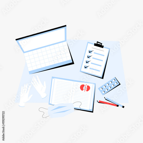 Medical equipment with clipboard and notebook symbolizing patient health tracking in flat vector illustration, isolated on white background.