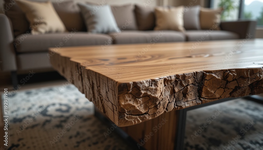 Close-up of live-edge wooden coffee table with modern sofa background Close-up of live-edge wooden coffee table with modern sofa background