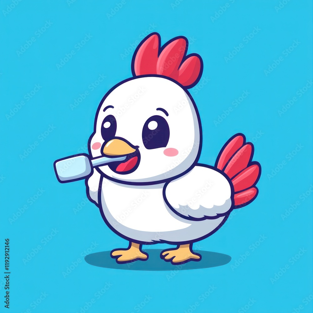 Chicken Brushing Teeth With Toothbrush In Blue Background, Cartoon Illustration