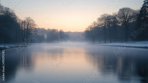 A misty river in the early morning, with gentle fog rolling across the surface