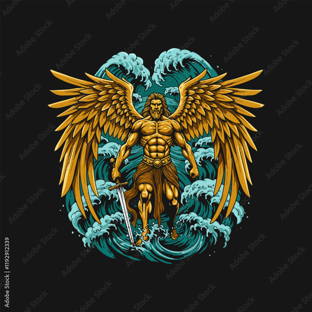 Obraz premium A majestic golden-winged angel warrior stands defiantly amidst crashing ocean waves, holding a sword.