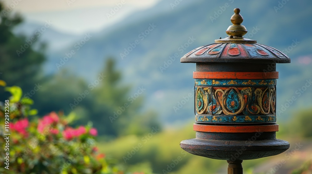 Ornately Crafted Prayer Wheel Set Against a Scenic Mountain Backdrop, Emphasizing Spirituality and Cultural Heritage in Nature's Embrace Ornately Crafted Prayer Wheel Set Against a Scenic Mountain Backdrop, Emphasizing Spirituality and Cultural Heritage in Nature's Embrace