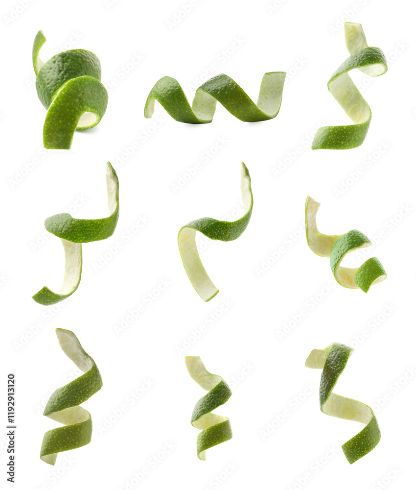 Lime zest isolated on white, set. Citrus fruit peel Lime zest isolated on white, set. Citrus fruit peel