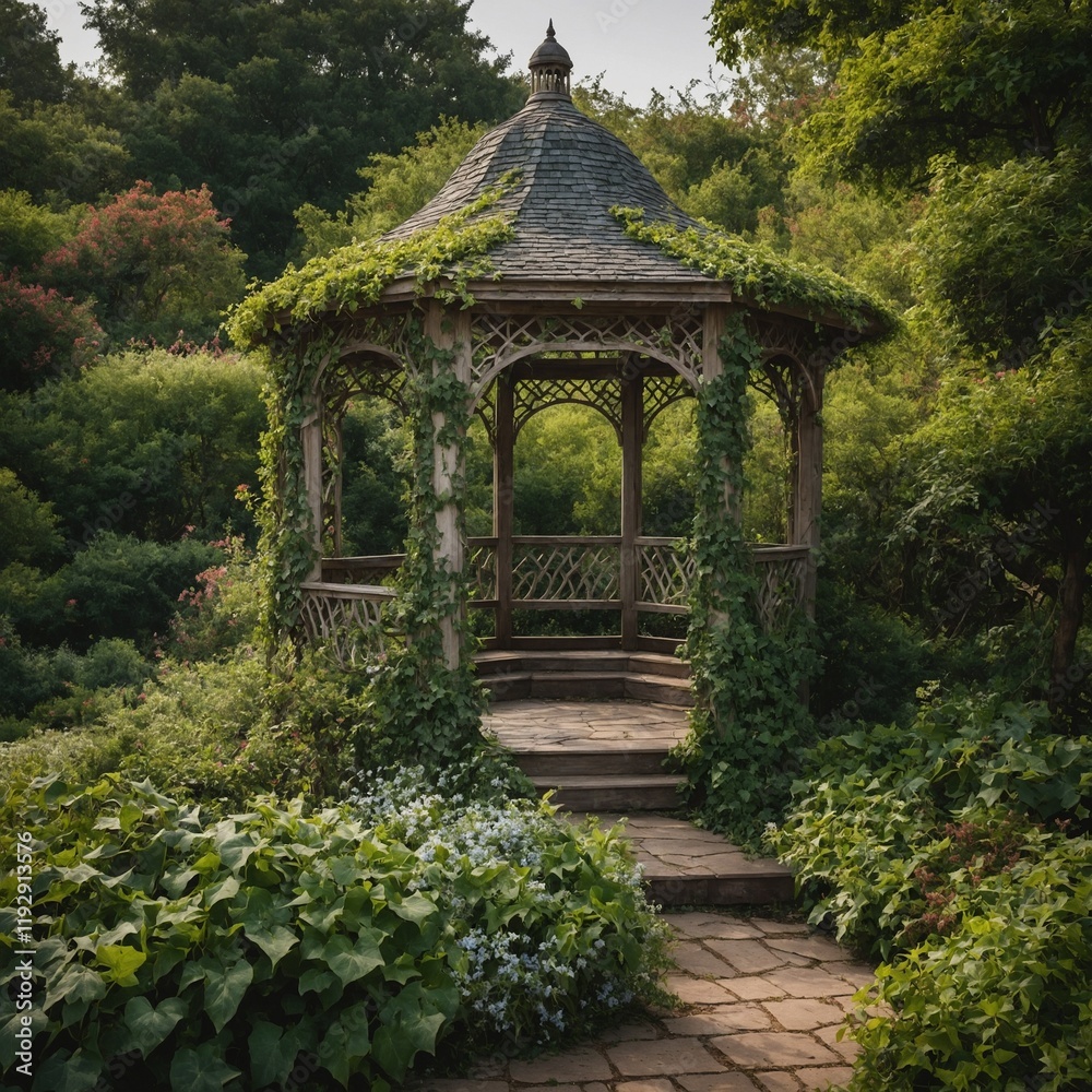 A dreamy gazebo covered in ivy, surrounded by a peaceful garden with blooming flowers. A dreamy gazebo covered in ivy, surrounded by a peaceful garden with blooming flowers.