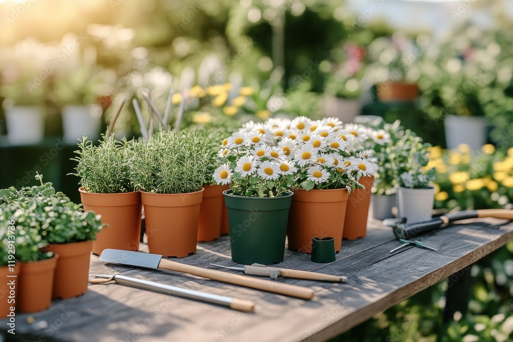 Sunny Garden Center with Potted Plants and Gardening Tools in Tranquil Setting Sunny Garden Center with Potted Plants and Gardening Tools in Tranquil Setting
