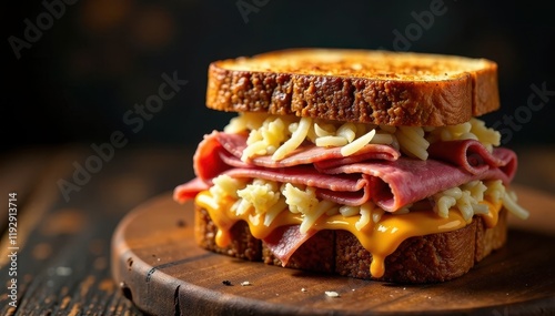 Dark rye bread, stacked corned beef, sauerkraut, melted Swiss cheese, Thousand Island dressing, culinary, food styling photo