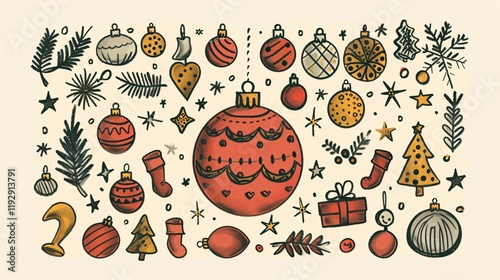 Festive Christmas Doodles Elements Arranged in the Shape of Christmas Tree photo