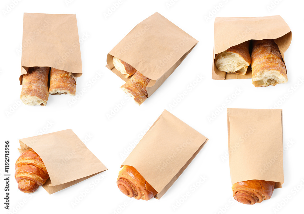 Paper bags with pastries isolated on white, set