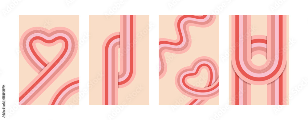 Retro Valentine posters 70s style. Vintage geometric backgrounds with pink lines.
