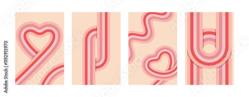 Retro Valentine posters 70s style. Vintage geometric backgrounds with pink lines.