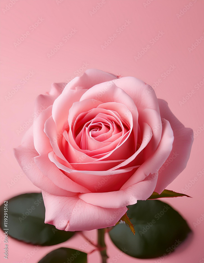 Fototapeta premium Generated image. Pink rose isolated on soft pink background. Delicate floral composition.