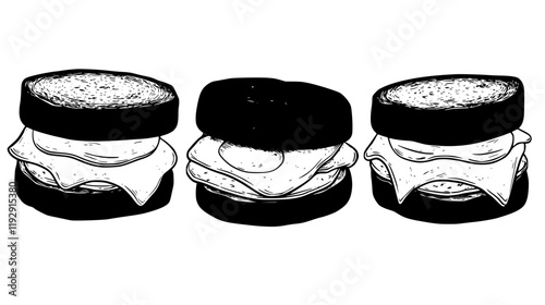 Collection of Breakfast sandwich with ham and egg vector icons, Breakfast sandwich with ham and egg vector art pattern