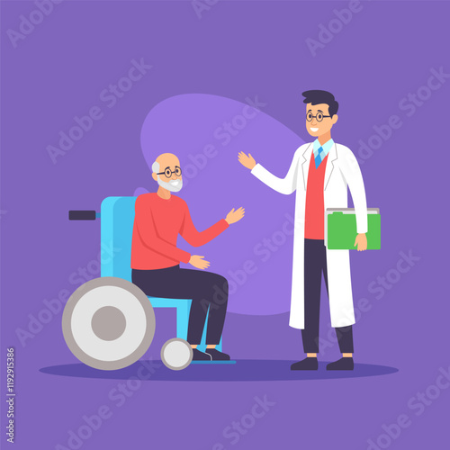 Old man in wheelchair and  doctor vector illustration. Male cartoon character in white coat giving consultation to senior patient. Medicine, occupation, treatment and healthcare concept