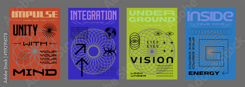 Abstract Futuristic Posters Set. Collection Of Brutalist Placards. Streetwear Elements.