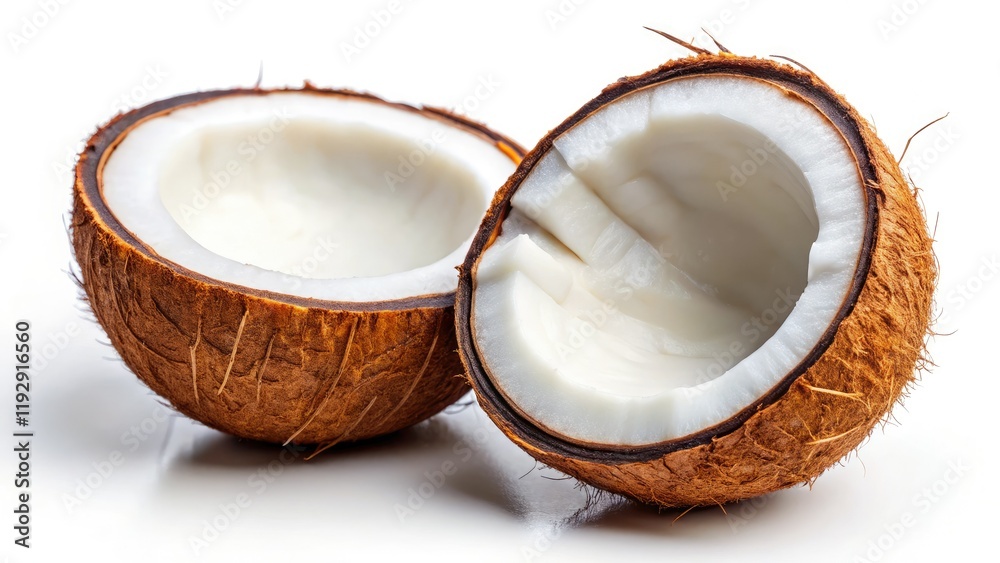 Drone shot of a halved coconut showcasing refreshing juice against a clean white background. Drone shot of a halved coconut showcasing refreshing juice against a clean white background.