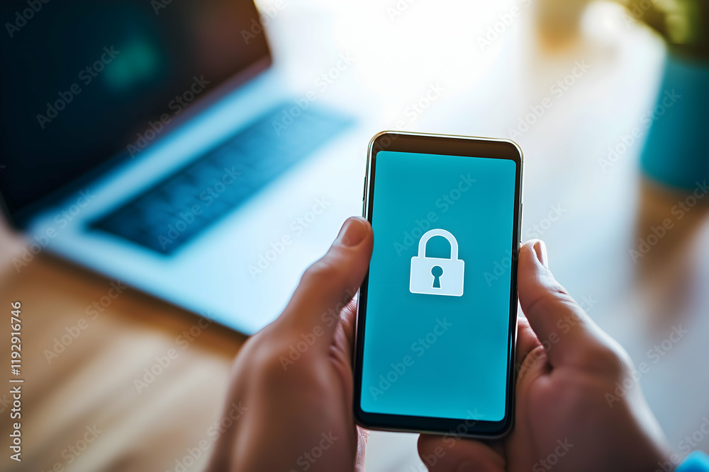 A person holds a smartphone displaying a locked padlock icon, symbolizing security and privacy in digital devices, with a laptop in the background. A person holds a smartphone displaying a locked padlock icon, symbolizing security and privacy in digital devices, with a laptop in the background.