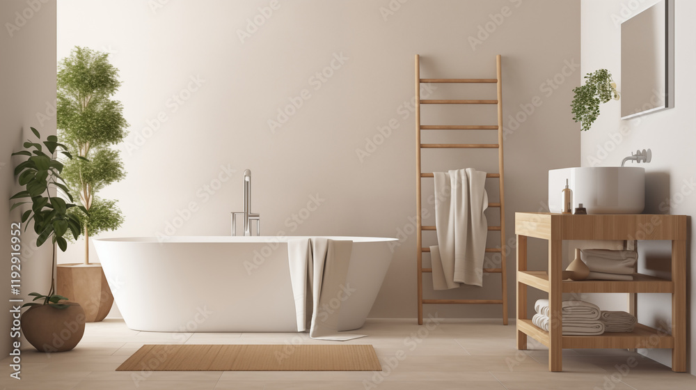 Fototapeta premium Serene minimalist bathroom featuring beige walls, wooden storage, and a white bathtub mock-up, enhanced by natural light and a potted plant for a tranquil atmosphere.