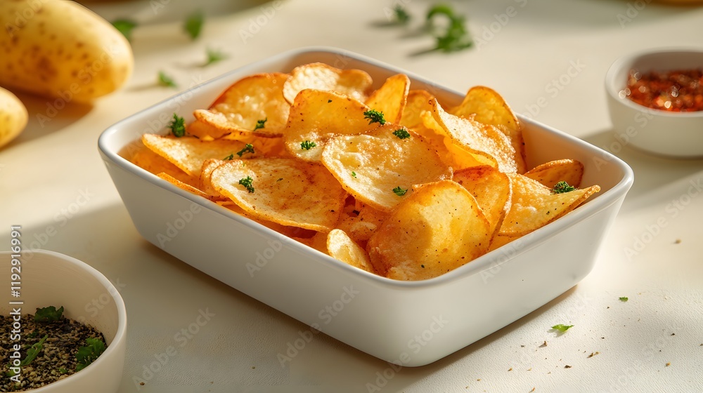 Potato chips display various textures and flavors in white rectangular container, photographed from above against warm yellow background with professional styling and lighting.