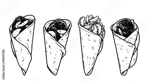 Collection of Falafel pita wrap icons, Falafel pita wrap illustration art, seamless pattern
