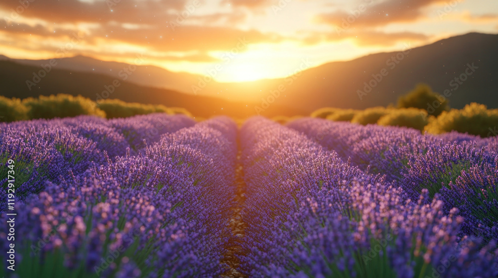 A serene lavender field in soft moonlight, with stars twinkling in the clear night sky A serene lavender field in soft moonlight, with stars twinkling in the clear night sky