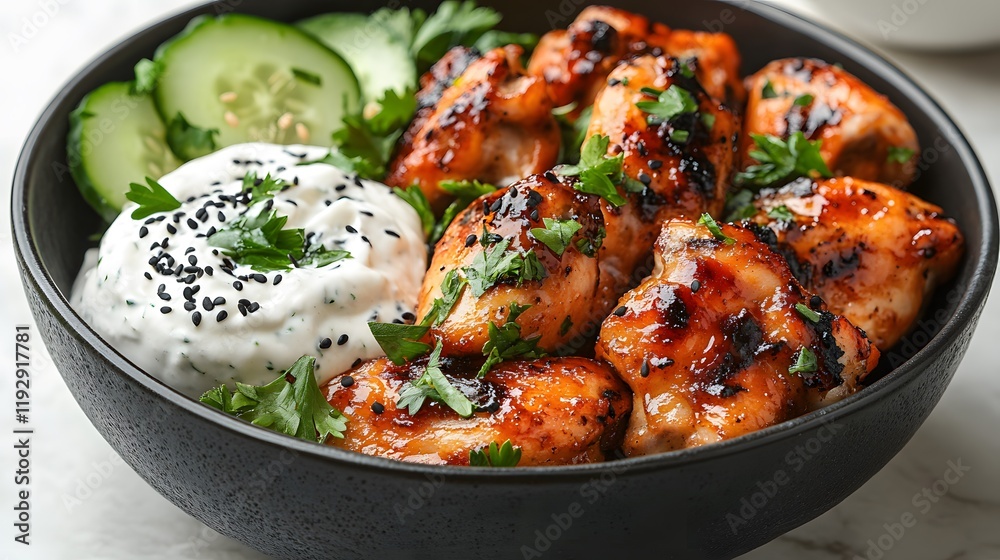 Glossy chicken wings nestle in black ceramic bowl alongside cucumber and yogurt dip, garnished with parsley and sesame seeds, presented on white marble in professional styling. Glossy chicken wings nestle in black ceramic bowl alongside cucumber and yogurt dip, garnished with parsley and sesame seeds, presented on white marble in professional styling.