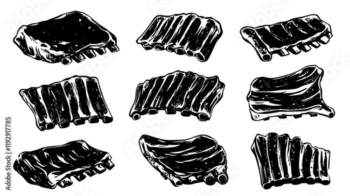 Collection of Grilled pork ribs icons, Grilled pork ribs illustration art, seamless pattern
