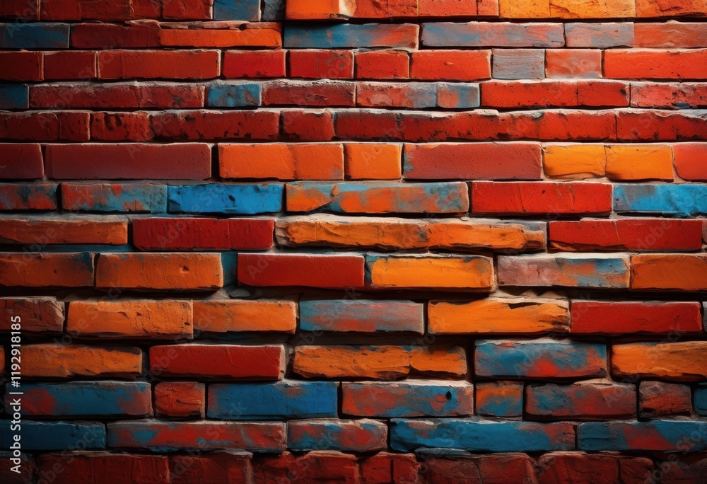 Fototapeta premium close view textured brick wall showcasing vibrant color variations unique patterns, vivid, design, rough, surface, stone, art, background, natural, decor