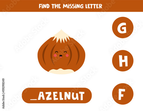 Find missing letter with cartoon hazelnut. Spelling worksheet.