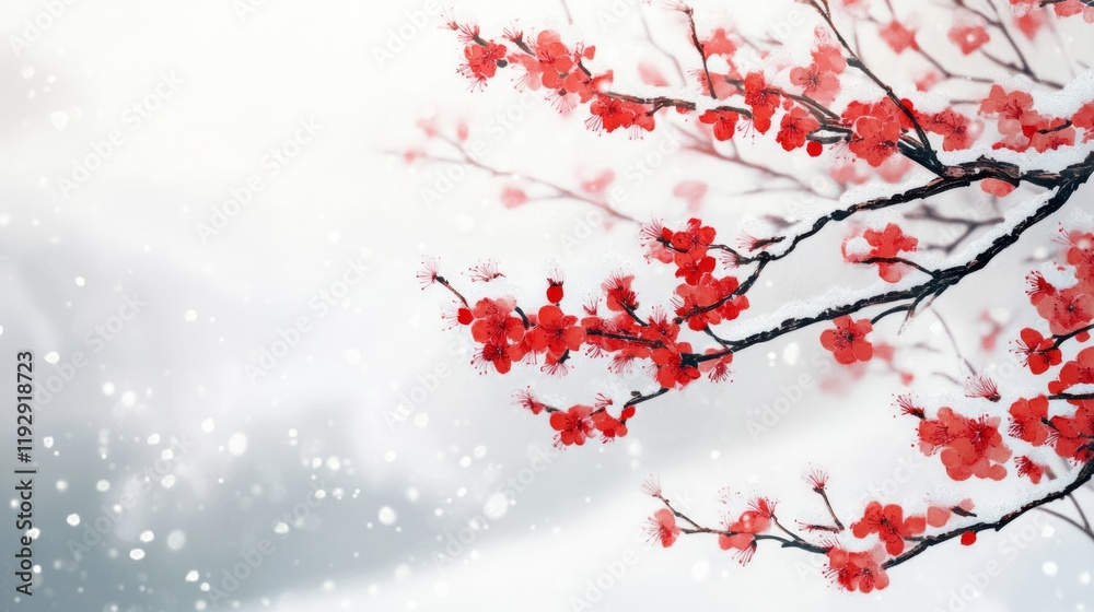 A traditional Chinese ink painting of red plum blossoms blooming in the snow, A traditional Chinese ink painting of red plum blossoms blooming in the snow,