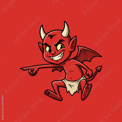 A cute cartoon devil points accusingly with a mischievous grin on its face against a solid red background.