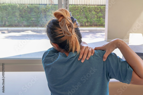 Health problems Women having shoulder pain and neck pain. from office syndrome, muscle inflammation photo