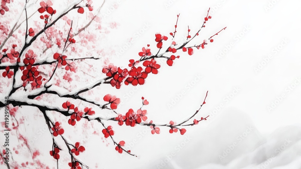 Fototapeta premium A traditional Chinese ink painting of red plum blossoms blooming in the snow, 