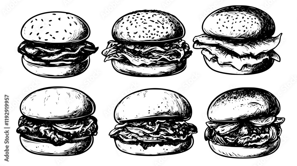 Collection of Pulled Pork Sandwich icons, Pulled Pork Sandwich illustration art, seamless pattern