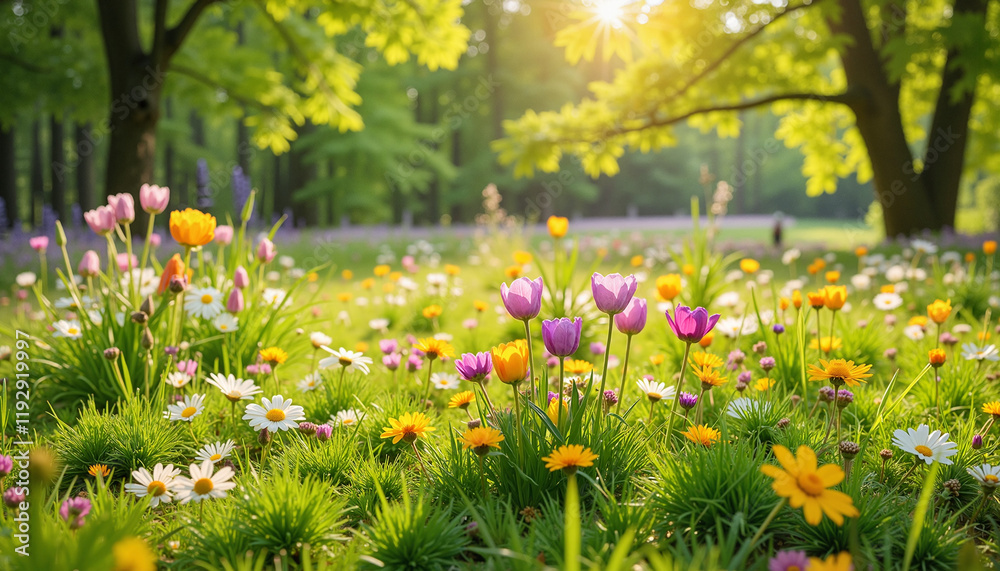 Fototapeta premium Colorful flower garden in a cheerful mood during springtime with sunlight and copy space