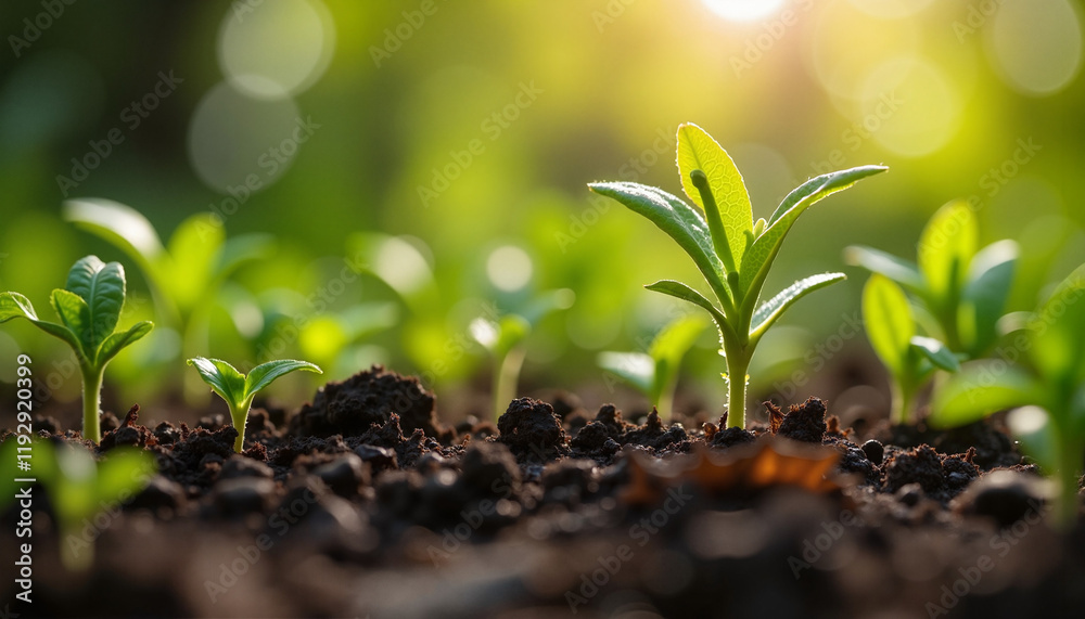 Close-up of new sprouts in a hopeful mood with sunlight illuminating soil during springtime Close-up of new sprouts in a hopeful mood with sunlight illuminating soil during springtime