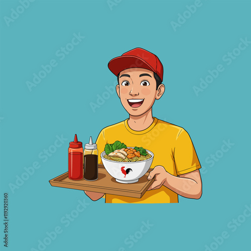 A cheerful young man in a red cap delivers a steaming bowl of noodles and condiments on a wooden tray.