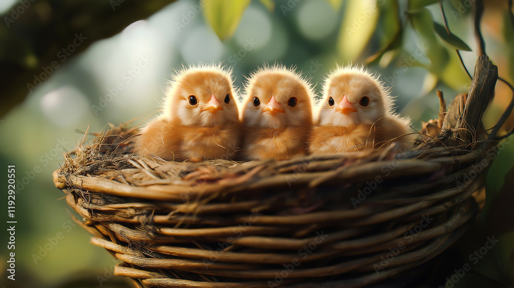 Obraz premium Adorable fluffy chicks huddling together in a woven basket
