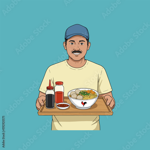 A cheerful man presents a steaming bowl of noodles with meatballs and condiments on a wooden tray.