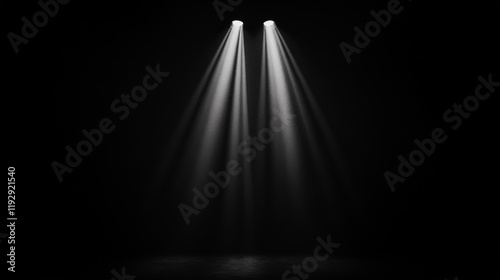 Two bright spotlights illuminate a dark stage.